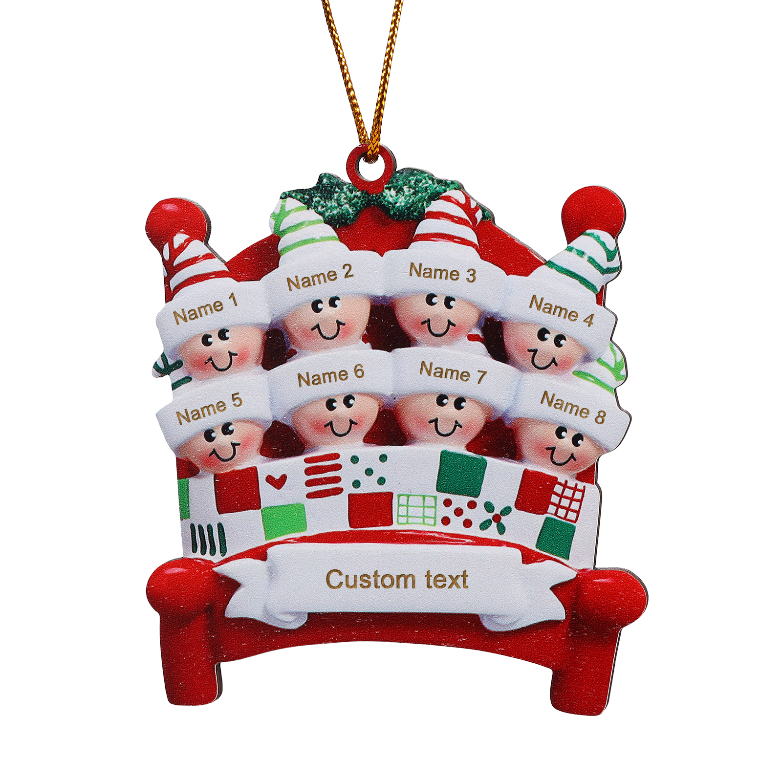Décoration Sapin Noël en bois lit rouge 8 Prénoms Personnalisés avec texte et année Ornement de Noël Cadeau pour famille | Jessemade
