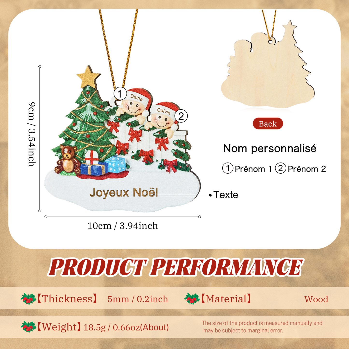 Décoration Sapin Noël en bois Sapin et lutins 2 Prénoms Personnalisés avec texte Ornement de Noël Cadeau pour famille | Jessemade