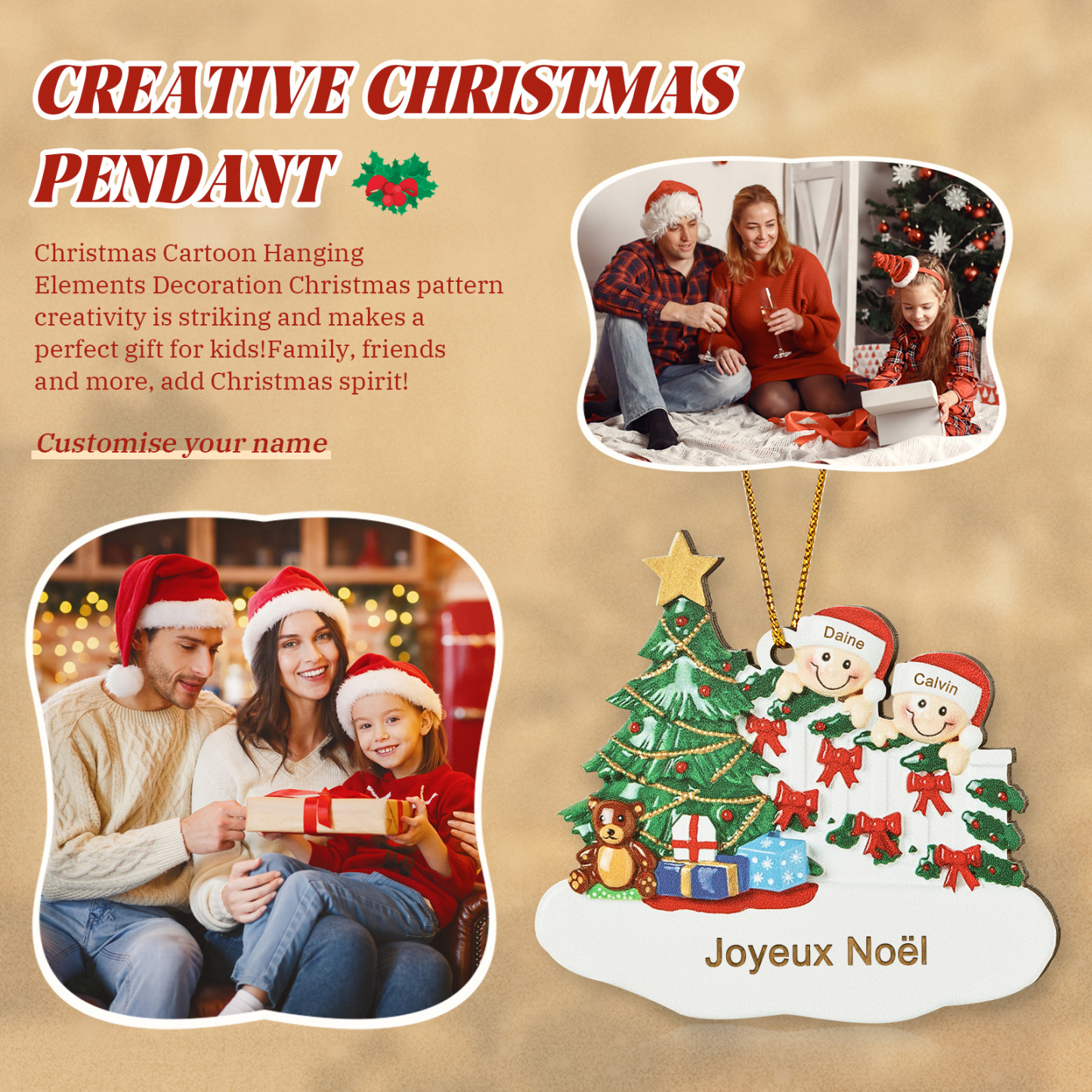 Décoration Sapin Noël en bois Sapin et lutins 2 Prénoms Personnalisés avec texte Ornement de Noël Cadeau pour famille | Jessemade