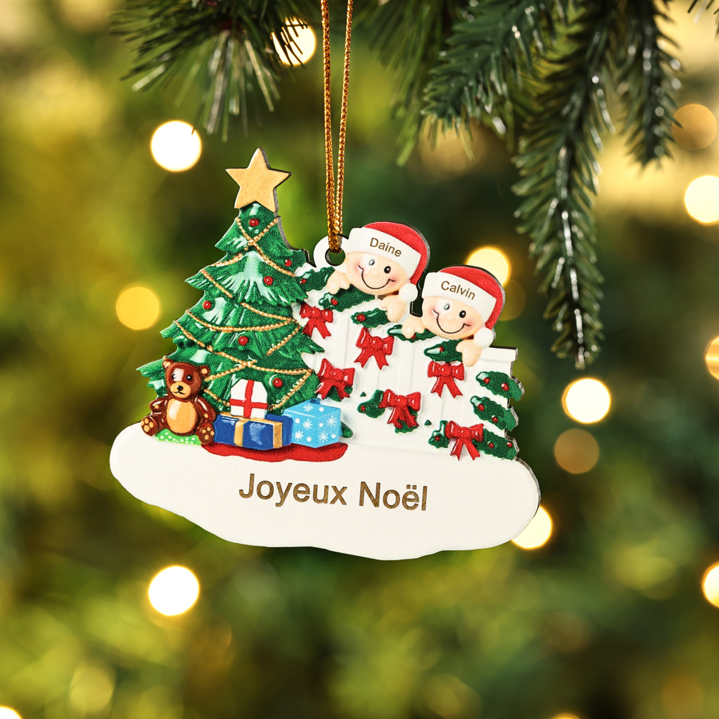 Décoration Sapin Noël en bois Sapin et lutins 2 Prénoms Personnalisés