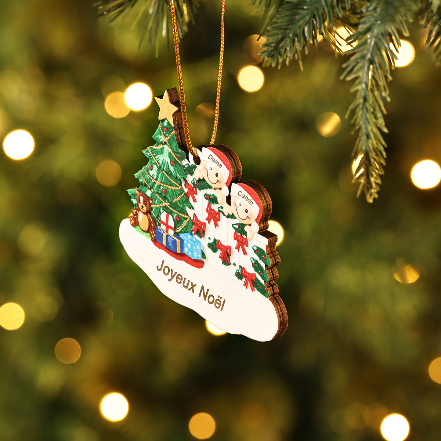 Décoration Sapin Noël en bois Sapin et lutins 2 Prénoms Personnalisés avec texte Ornement de Noël Cadeau pour famille | Jessemade