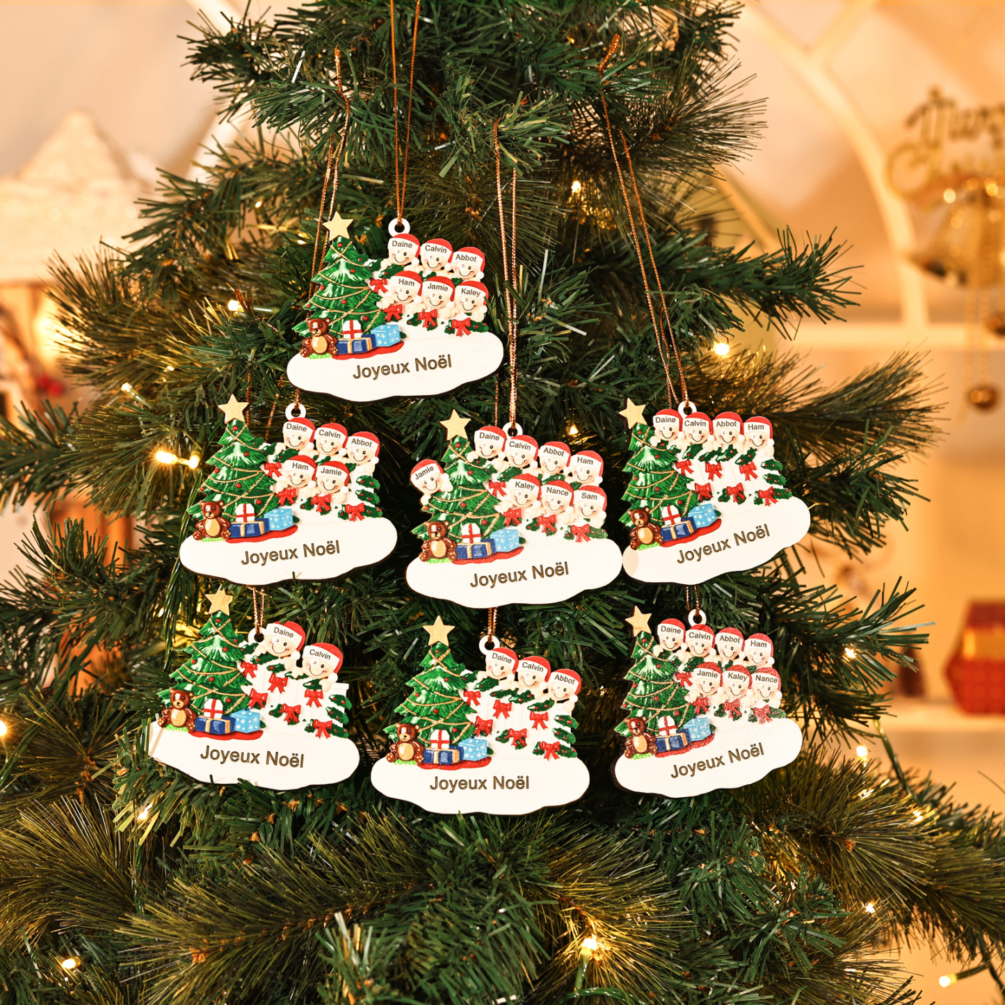 Décoration Sapin Noël en bois Sapin et lutins 4 Prénoms Personnalisés avec texte Ornement de Noël Cadeau pour famille | Jessemade