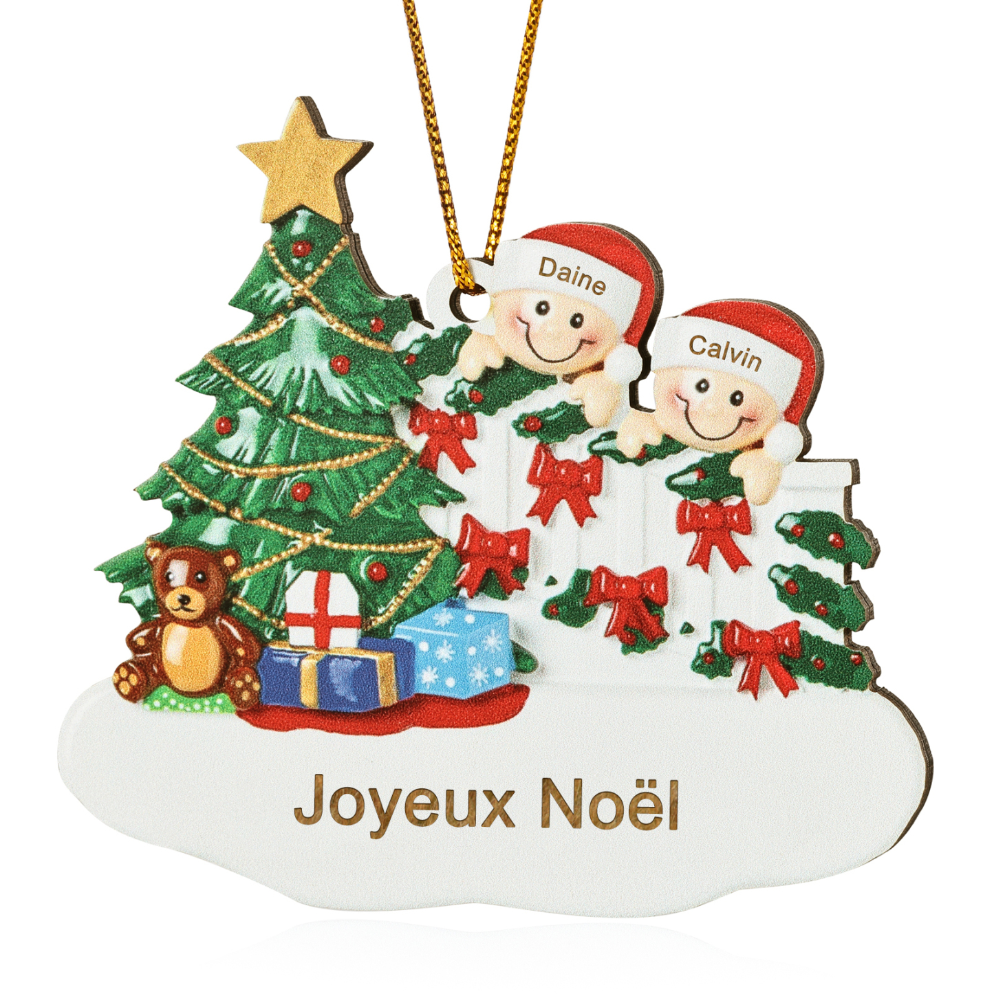 Décoration Sapin Noël en bois Sapin et lutins 2 Prénoms Personnalisés avec texte Ornement de Noël Cadeau pour famille | Jessemade