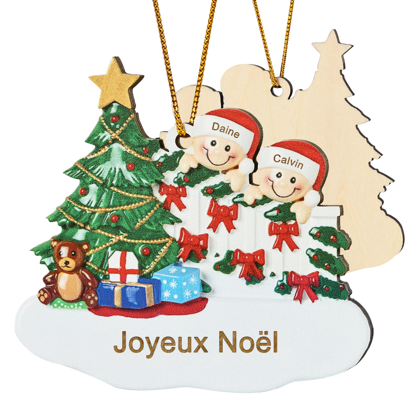 Décoration Sapin Noël en bois Sapin et lutins 2 Prénoms Personnalisés avec texte Ornement de Noël Cadeau pour famille | Jessemade