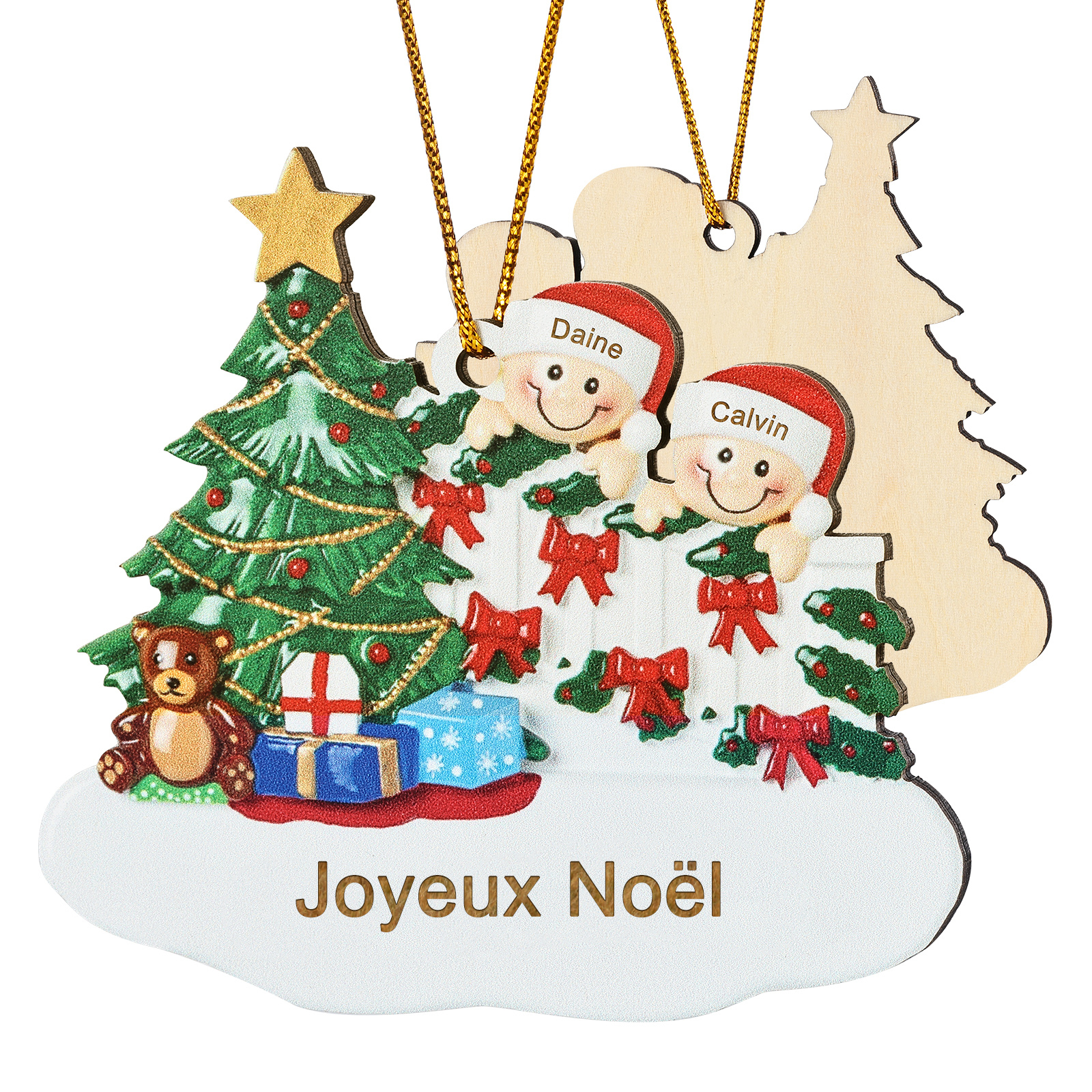 Décoration Sapin Noël en bois Sapin et lutins 2 Prénoms Personnalisés avec texte Ornement de Noël Cadeau pour famille | Jessemade