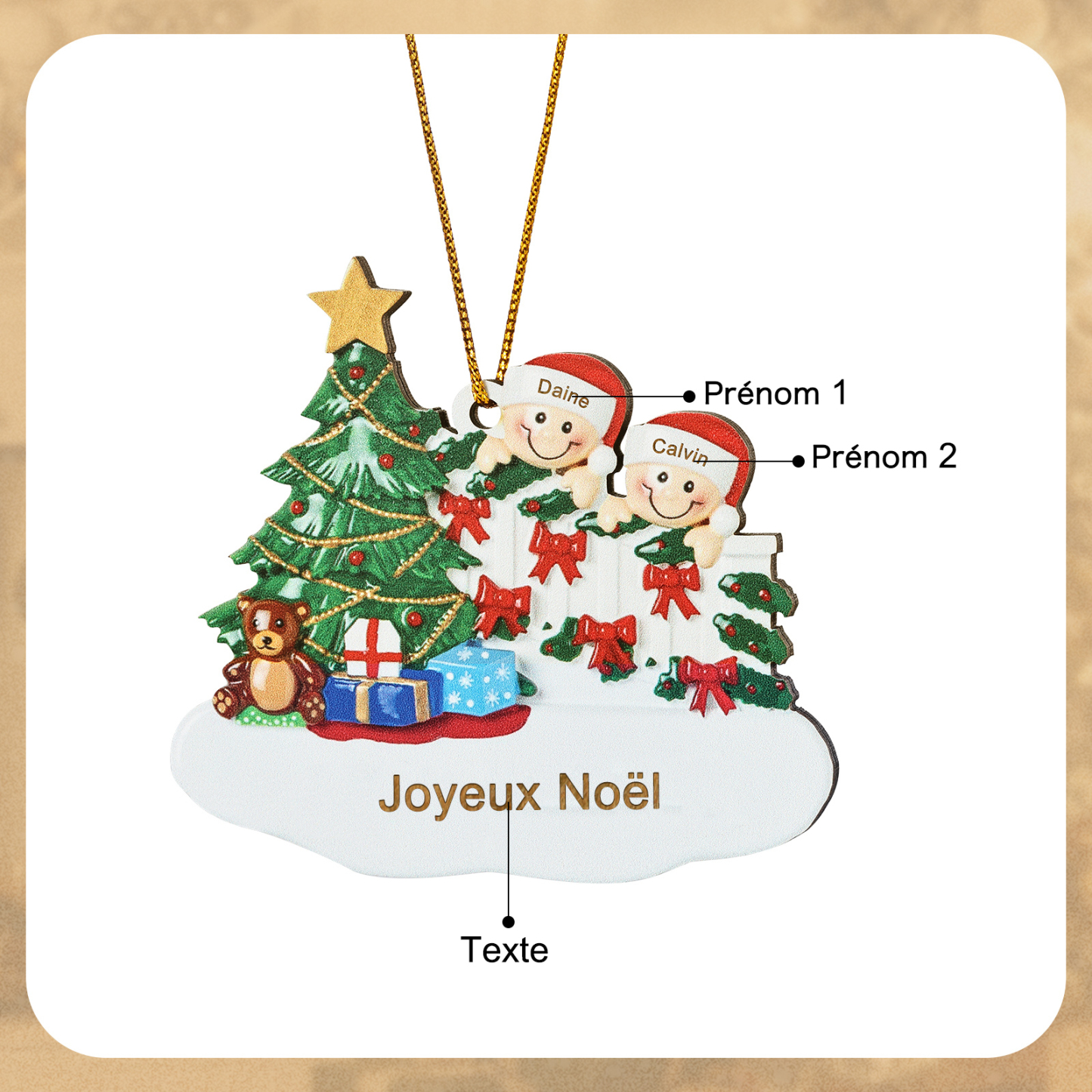 Décoration Sapin Noël en bois Sapin et lutins 2 Prénoms Personnalisés avec texte Ornement de Noël Cadeau pour famille | Jessemade