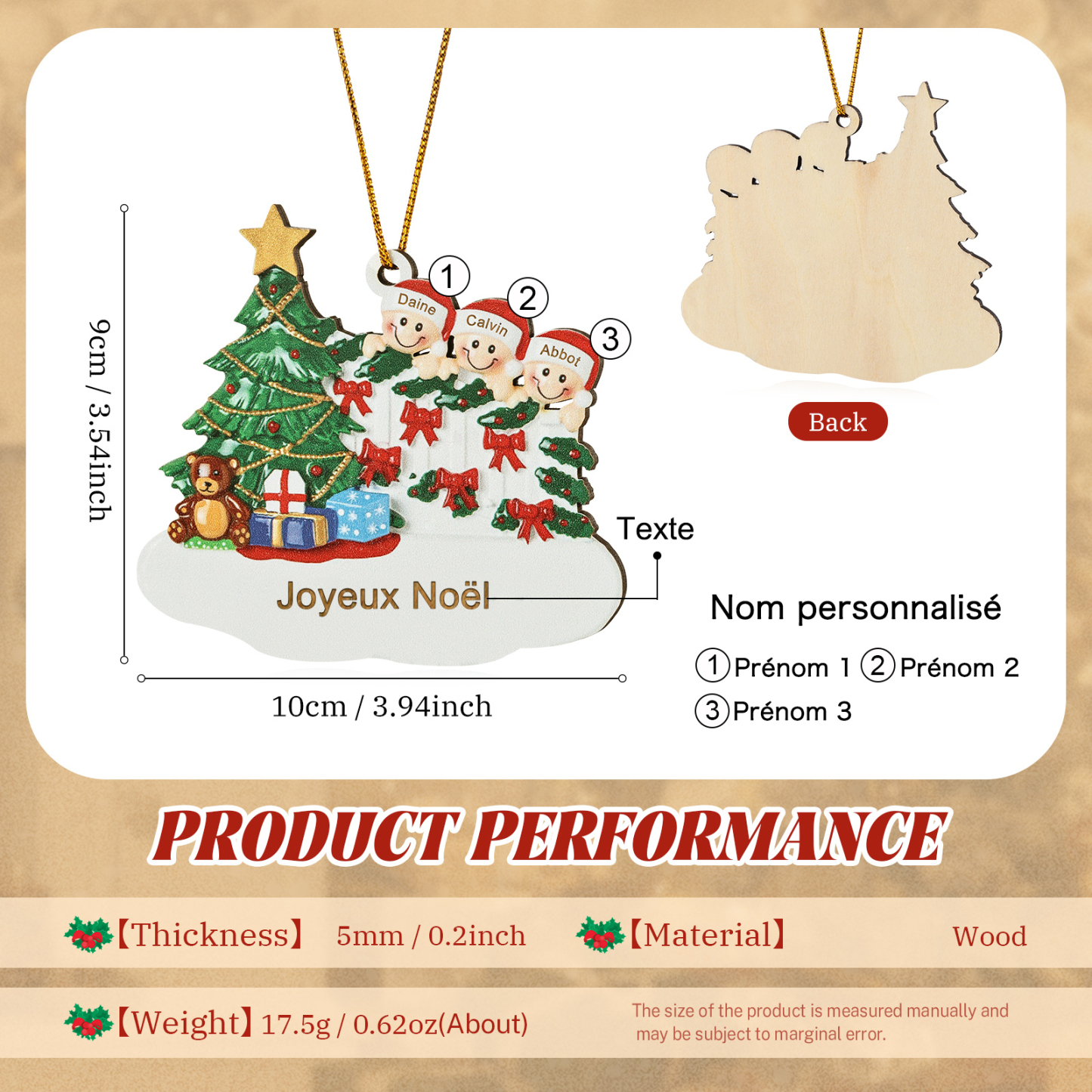 Décoration Sapin Noël en bois Sapin et lutins 3 Prénoms Personnalisés avec texte Ornement de Noël Cadeau pour famille | Jessemade