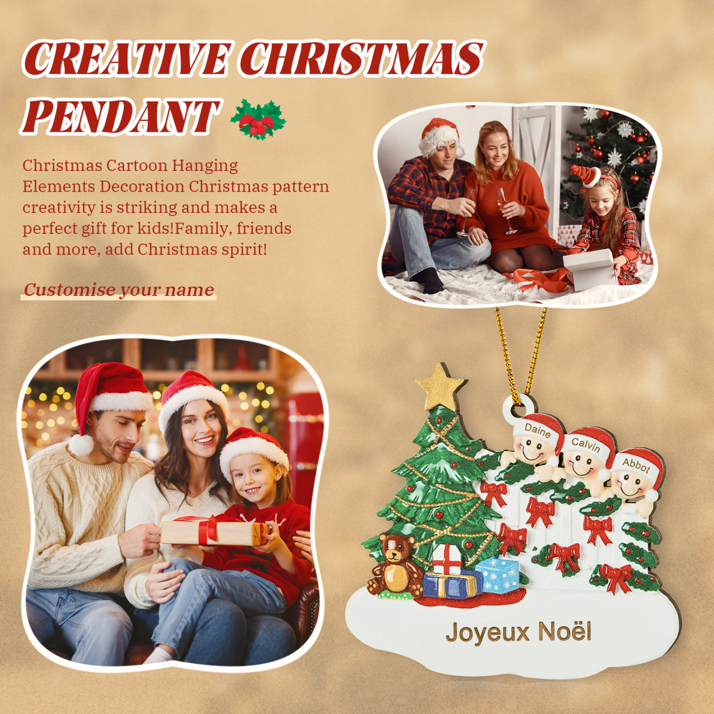 Décoration Sapin Noël en bois Sapin et lutins 3 Prénoms Personnalisés avec texte Ornement de Noël Cadeau pour famille | Jessemade