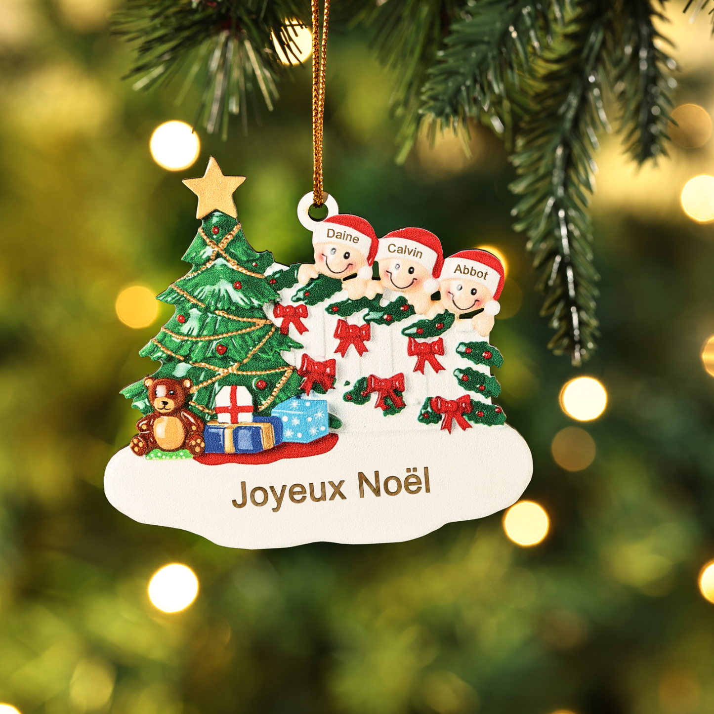 Décoration Sapin Noël en bois Sapin et lutins 3 Prénoms Personnalisés