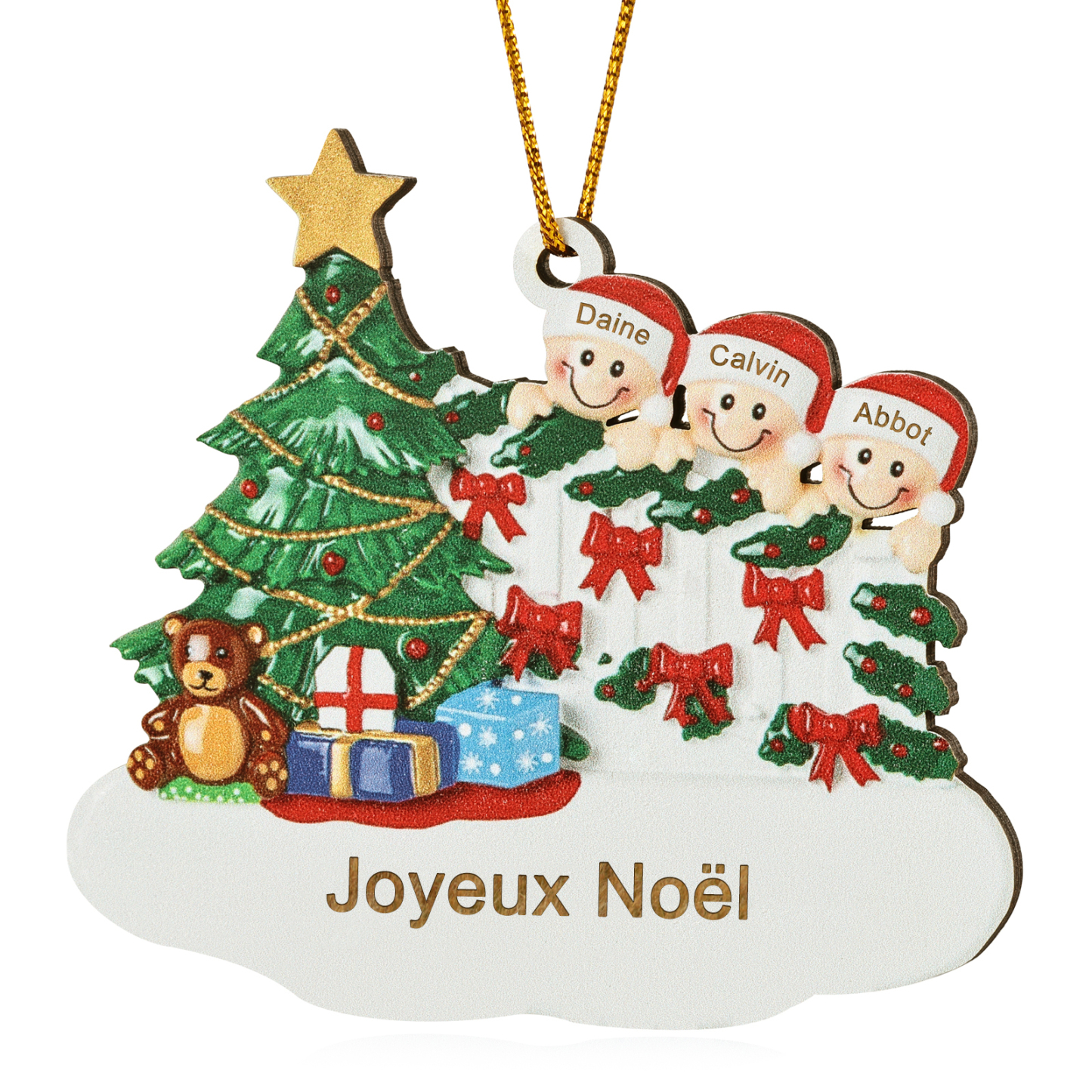 Décoration Sapin Noël en bois Sapin et lutins 3 Prénoms Personnalisés avec texte Ornement de Noël Cadeau pour famille | Jessemade