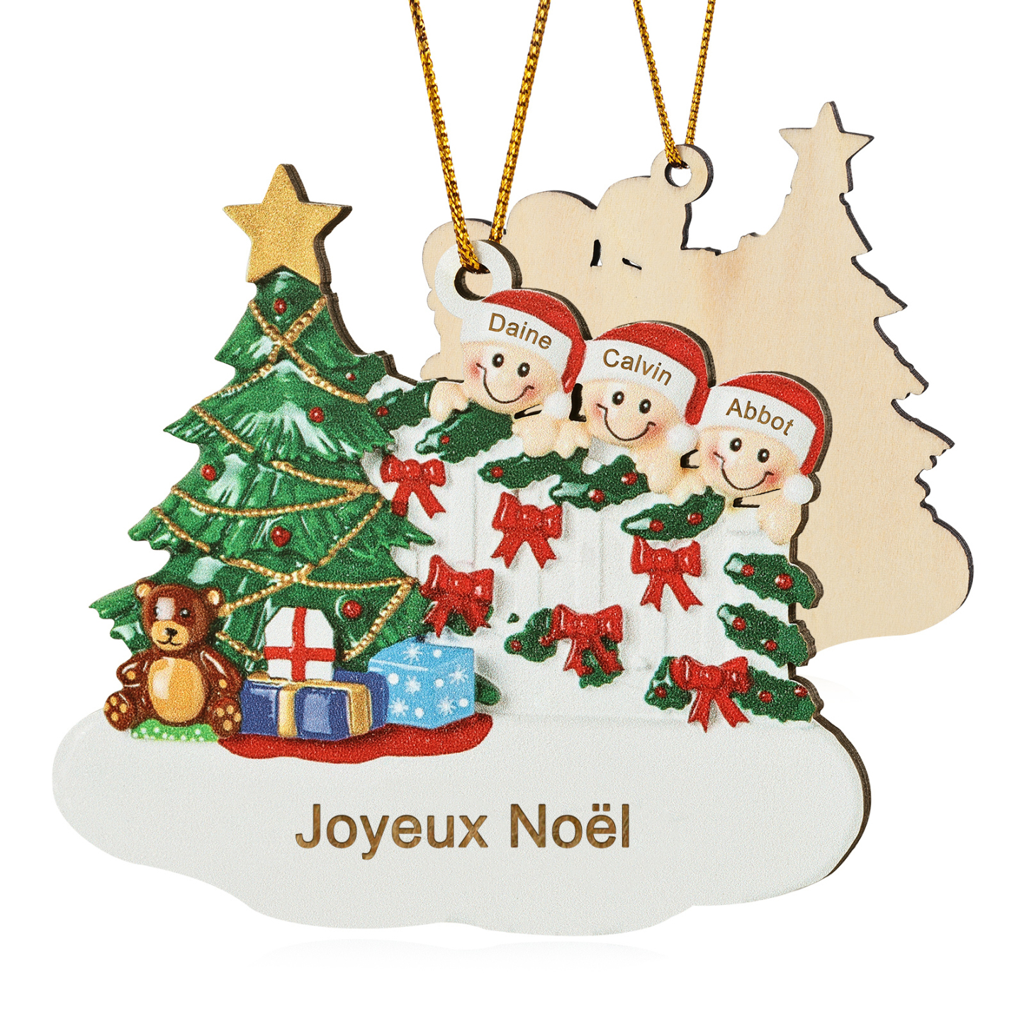 Décoration Sapin Noël en bois Sapin et lutins 3 Prénoms Personnalisés avec texte Ornement de Noël Cadeau pour famille | Jessemade