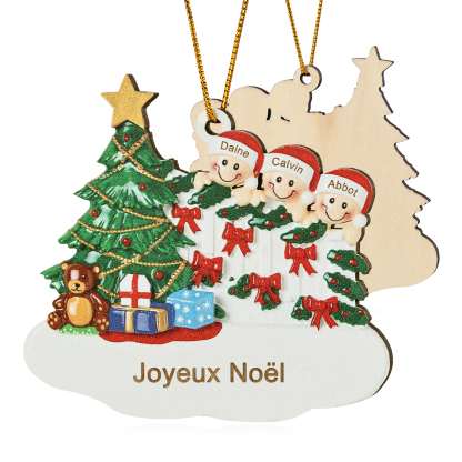 Décoration Sapin Noël en bois Sapin et lutins 3 Prénoms Personnalisés avec texte Ornement de Noël Cadeau pour famille | Jessemade