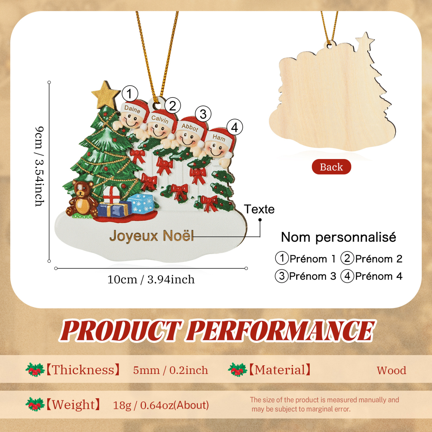 Décoration Sapin Noël en bois Sapin et lutins 4 Prénoms Personnalisés avec texte Ornement de Noël Cadeau pour famille | Jessemade