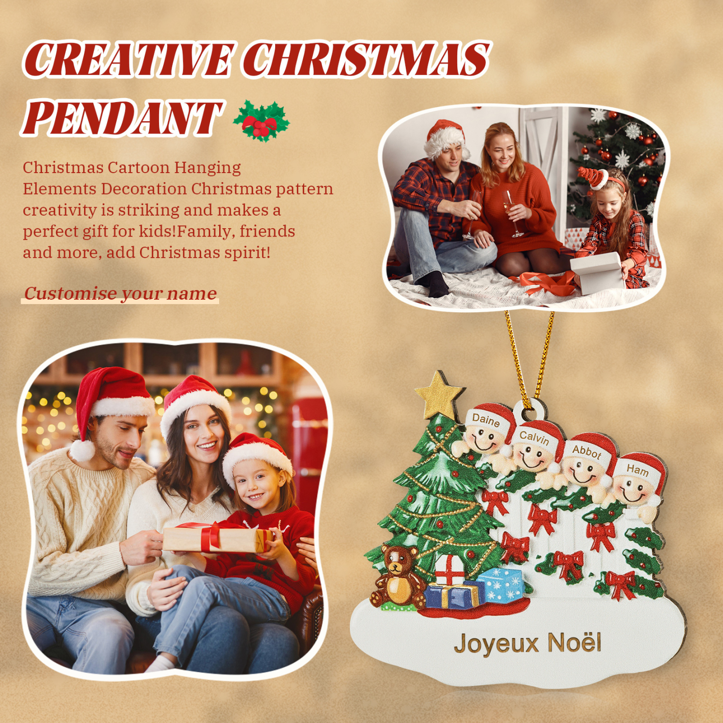 Décoration Sapin Noël en bois Sapin et lutins 4 Prénoms Personnalisés avec texte Ornement de Noël Cadeau pour famille | Jessemade