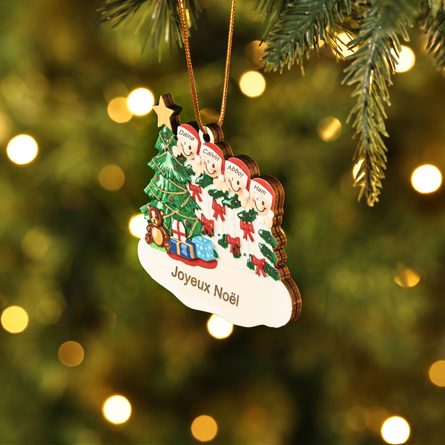 Décoration Sapin Noël en bois Sapin et lutins 4 Prénoms Personnalisés avec texte Ornement de Noël Cadeau pour famille | Jessemade