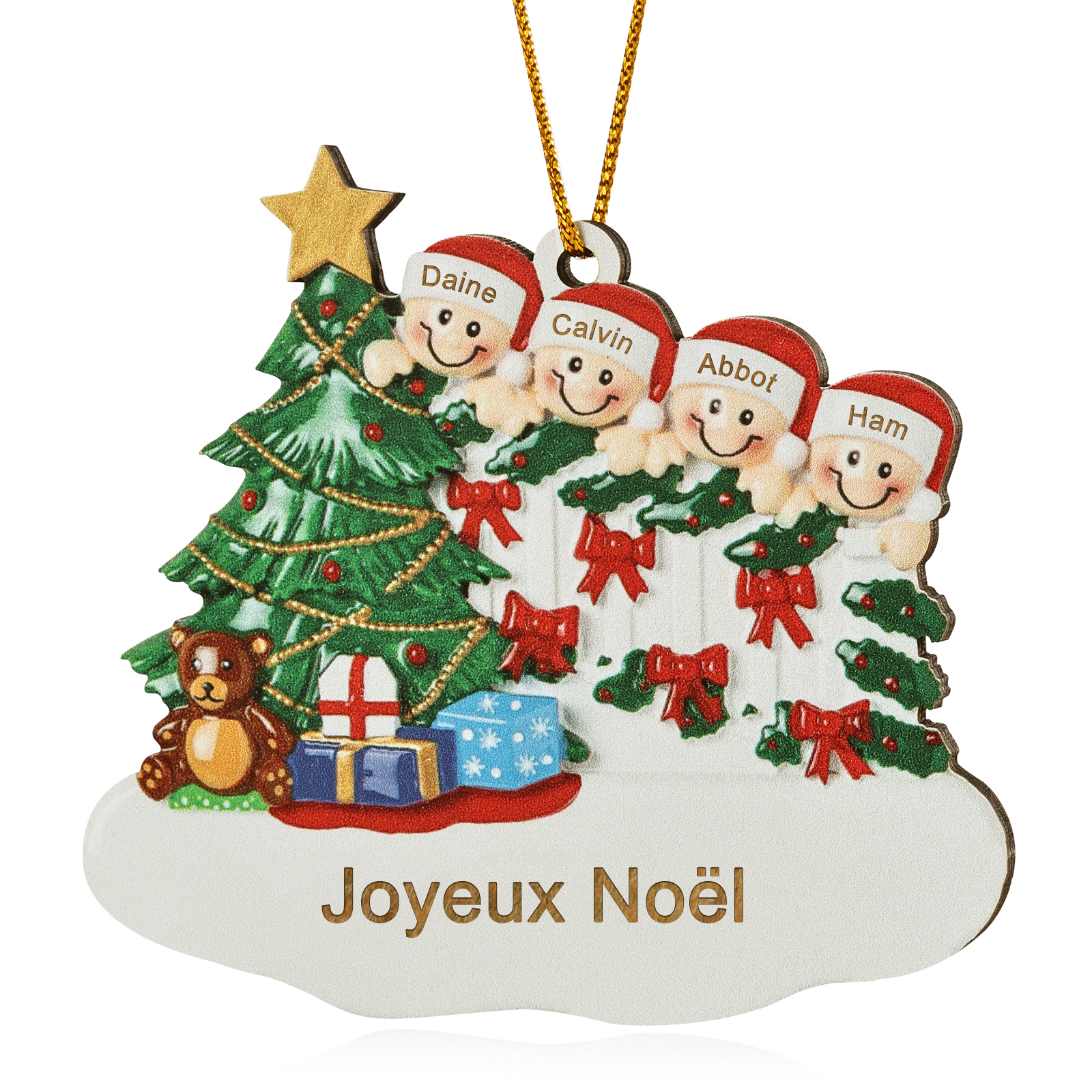 Décoration Sapin Noël en bois Sapin et lutins 4 Prénoms Personnalisés avec texte Ornement de Noël Cadeau pour famille | Jessemade
