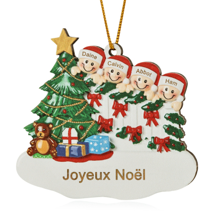 Décoration Sapin Noël en bois Sapin et lutins 4 Prénoms Personnalisés avec texte Ornement de Noël Cadeau pour famille | Jessemade