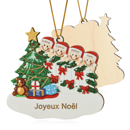 Décoration Sapin Noël en bois Sapin et lutins 4 Prénoms Personnalisés avec texte Ornement de Noël Cadeau pour famille | Jessemade