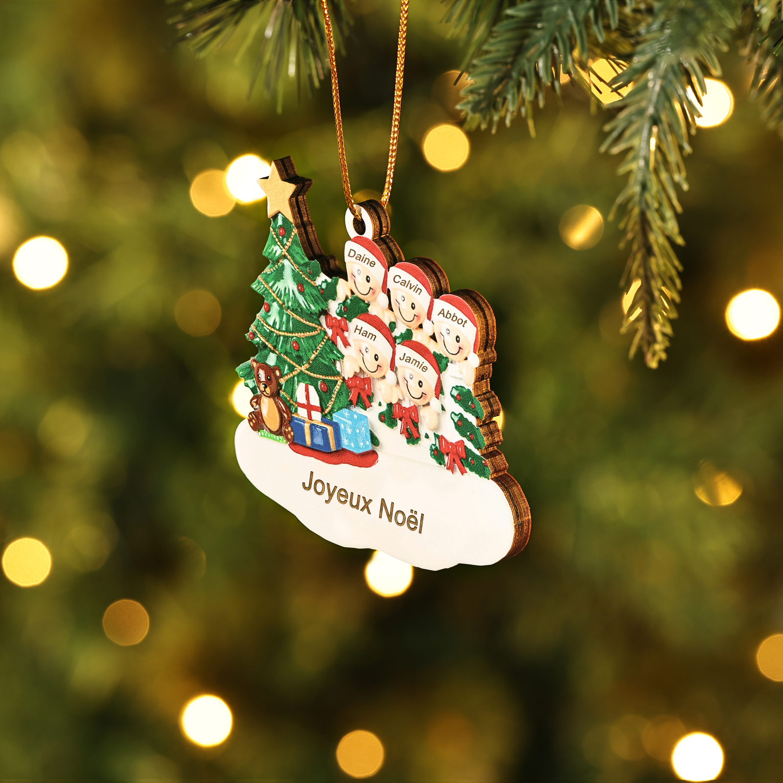 Décoration Sapin Noël en bois Sapin et lutins 5 Prénoms Personnalisés avec texte Ornement de Noël Cadeau pour famille | Jessemade