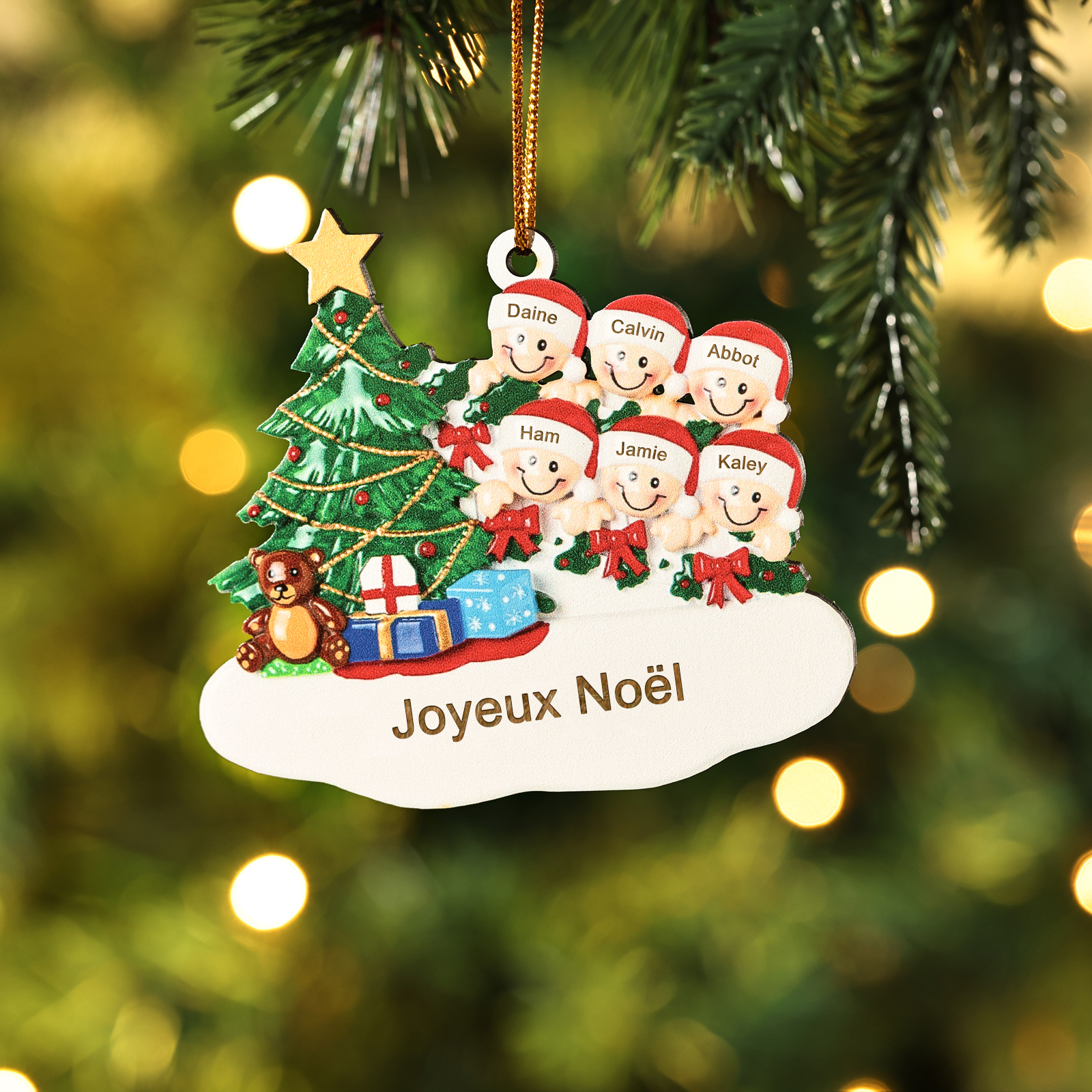Décoration Sapin Noël en bois Sapin et lutins 6 Prénoms Personnalisés