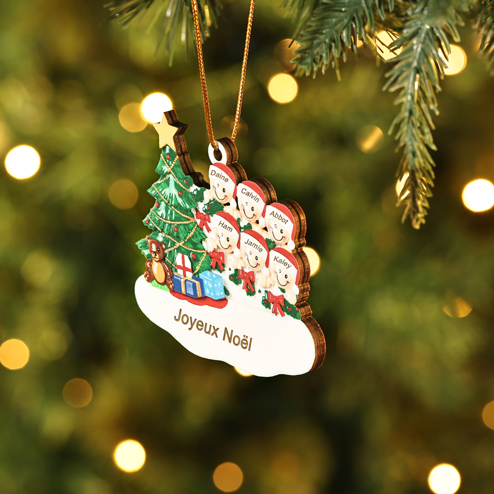 Décoration Sapin Noël en bois Sapin et lutins 6 Prénoms Personnalisés avec texte Ornement de Noël Cadeau pour famille | Jessemade