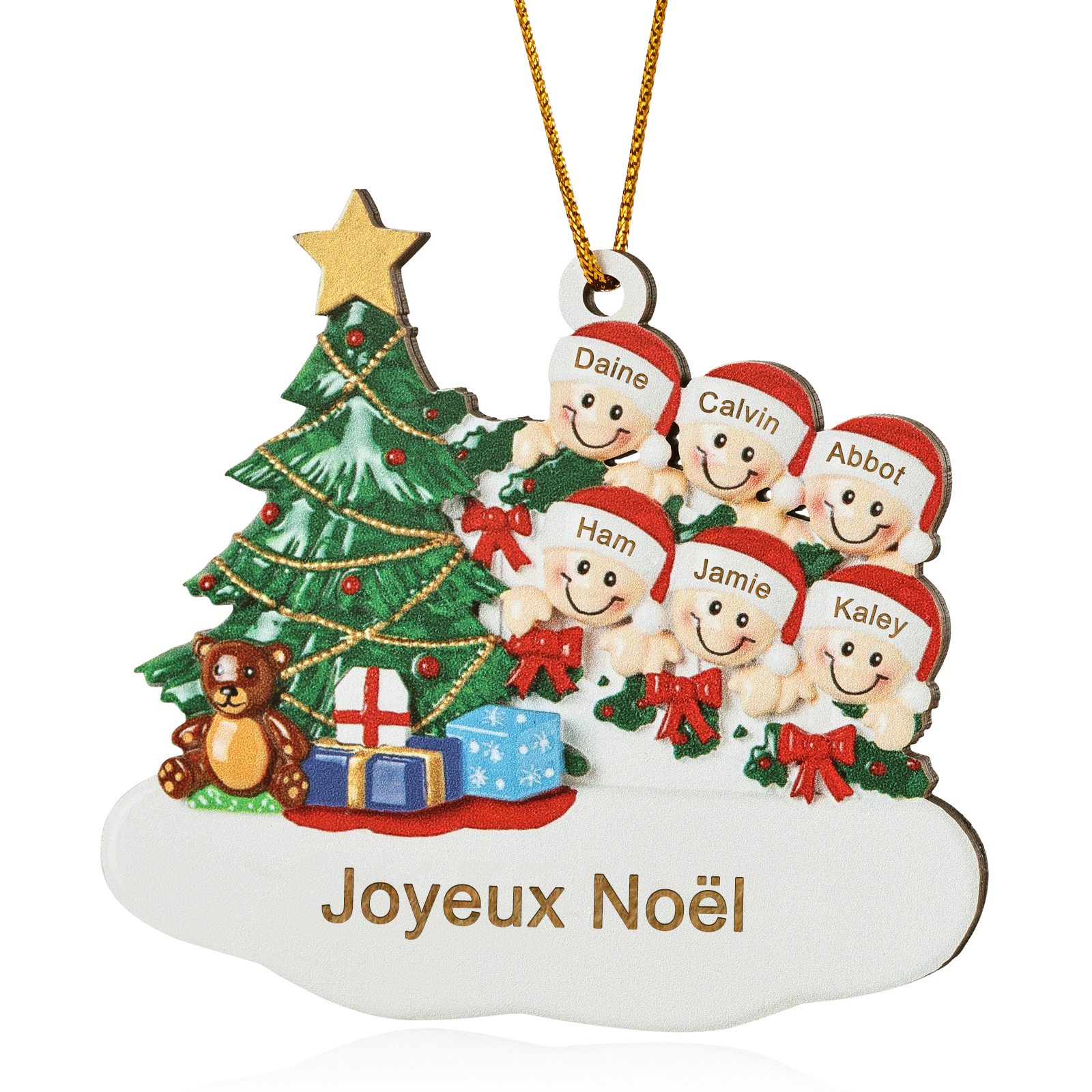 Décoration Sapin Noël en bois Sapin et lutins 6 Prénoms Personnalisés avec texte Ornement de Noël Cadeau pour famille | Jessemade