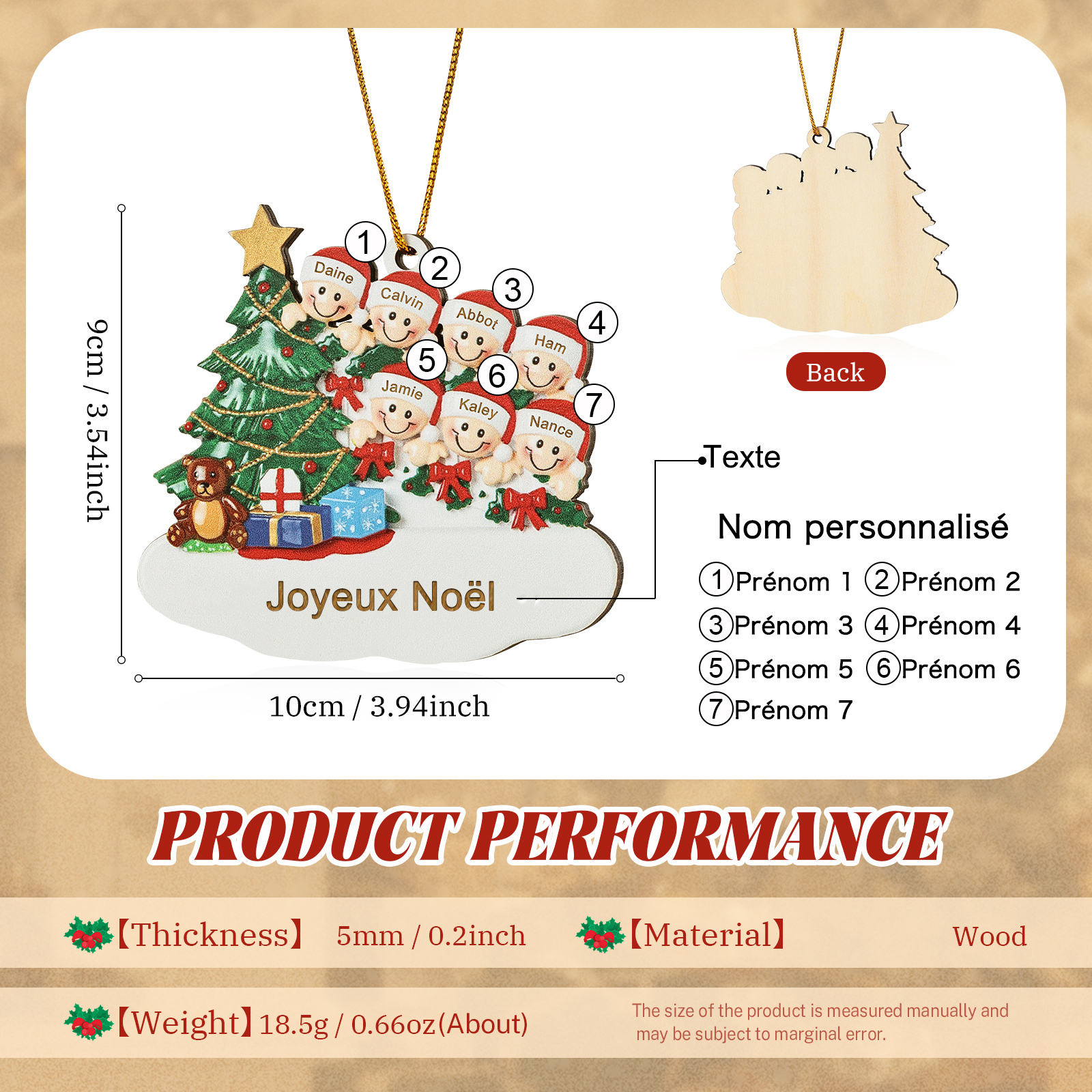 Décoration Sapin Noël en bois Sapin et lutins 7 Prénoms Personnalisés avec texte Ornement de Noël Cadeau pour famille | Jessemade