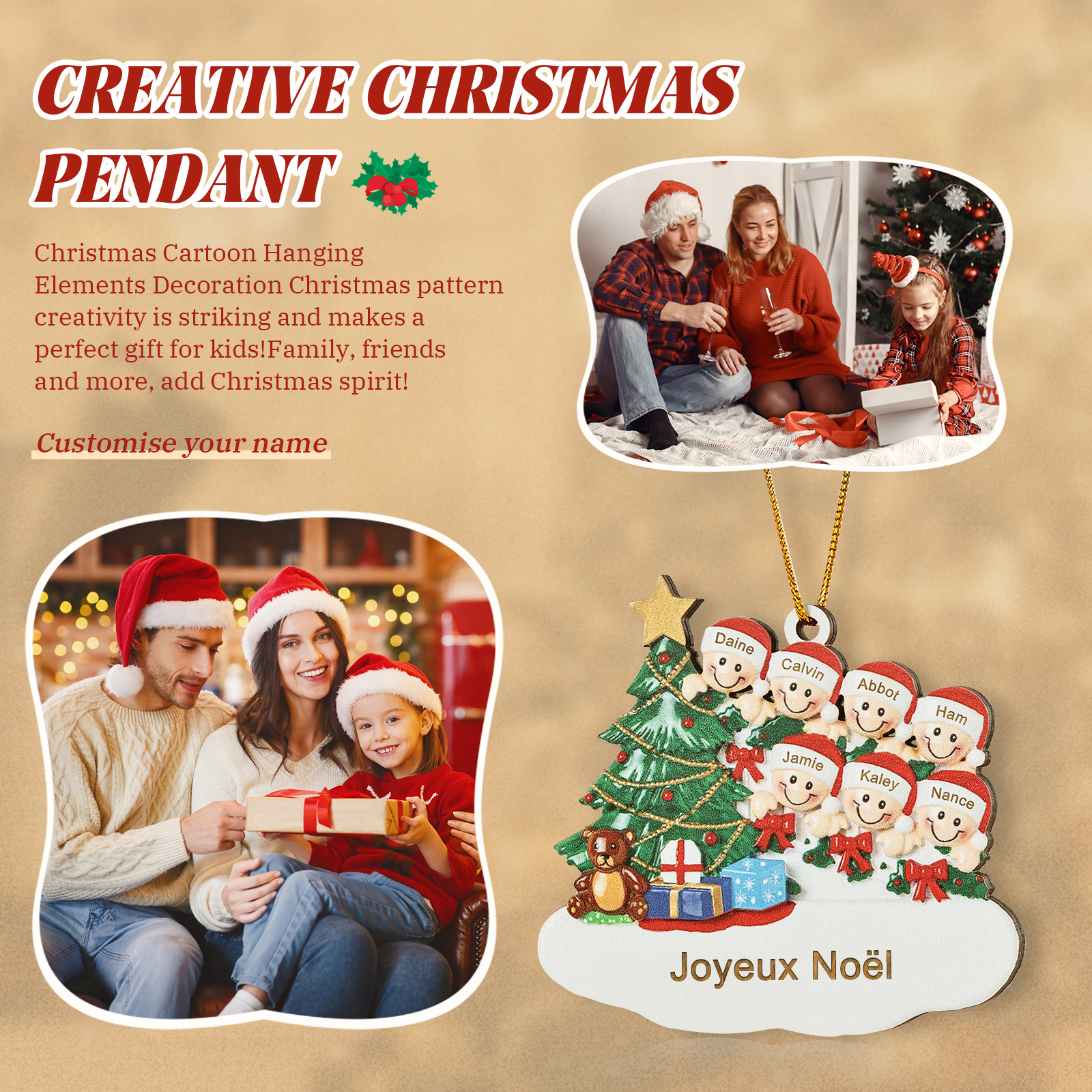 Décoration Sapin Noël en bois Sapin et lutins 7 Prénoms Personnalisés avec texte Ornement de Noël Cadeau pour famille | Jessemade