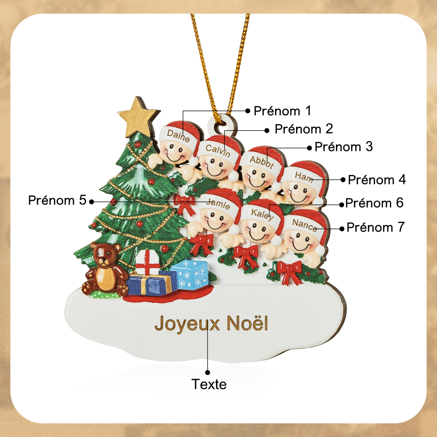 Décoration Sapin Noël en bois Sapin et lutins 7 Prénoms Personnalisés avec texte Ornement de Noël Cadeau pour famille | Jessemade