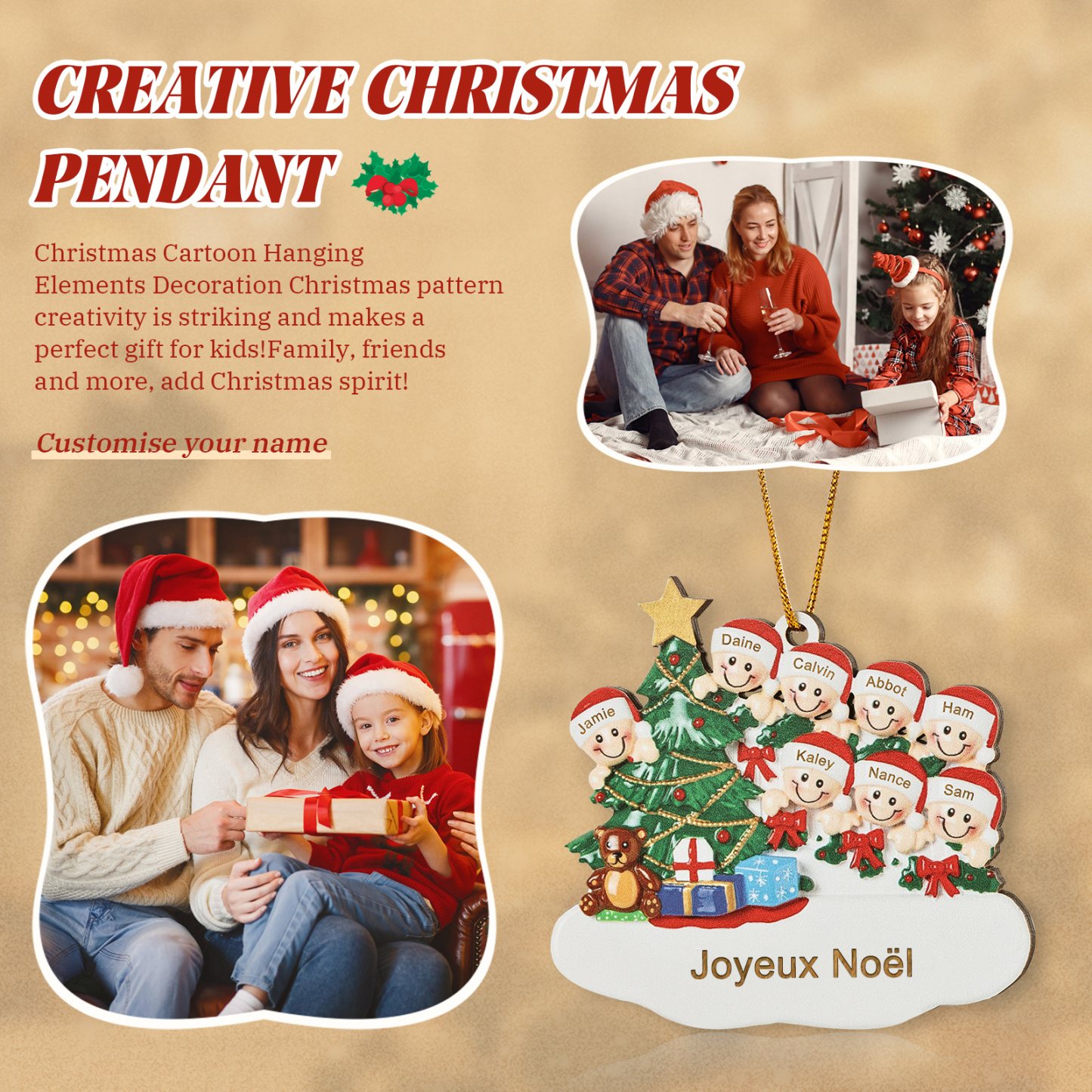 Décoration Sapin Noël en bois Sapin et lutins 8 Prénoms Personnalisés avec texte Ornement de Noël Cadeau pour famille | Jessemade