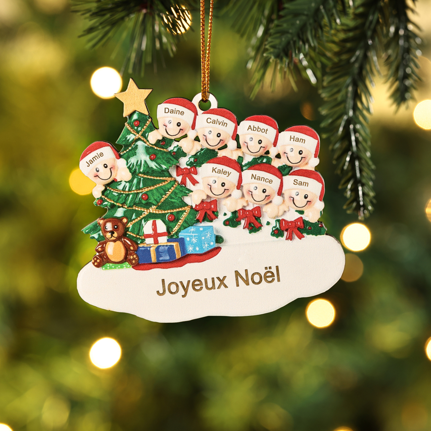 Décoration Sapin Noël en bois Sapin et lutins 8 Prénoms Personnalisés