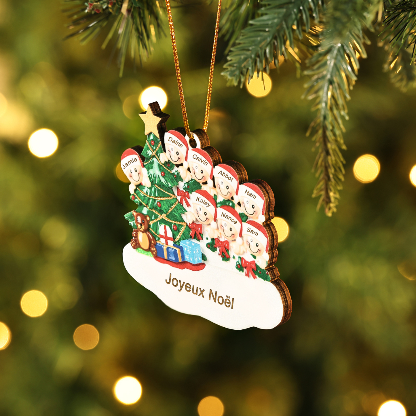 Décoration Sapin Noël en bois Sapin et lutins 8 Prénoms Personnalisés avec texte Ornement de Noël Cadeau pour famille | Jessemade