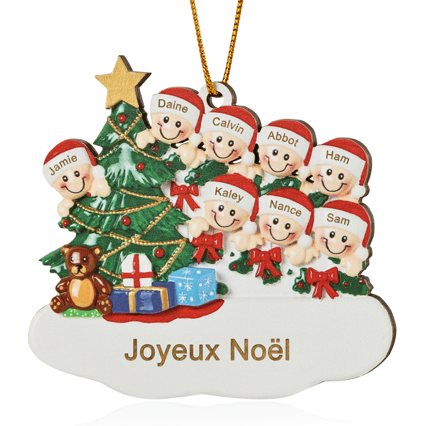 Décoration Sapin Noël en bois Sapin et lutins 8 Prénoms Personnalisés avec texte Ornement de Noël Cadeau pour famille | Jessemade