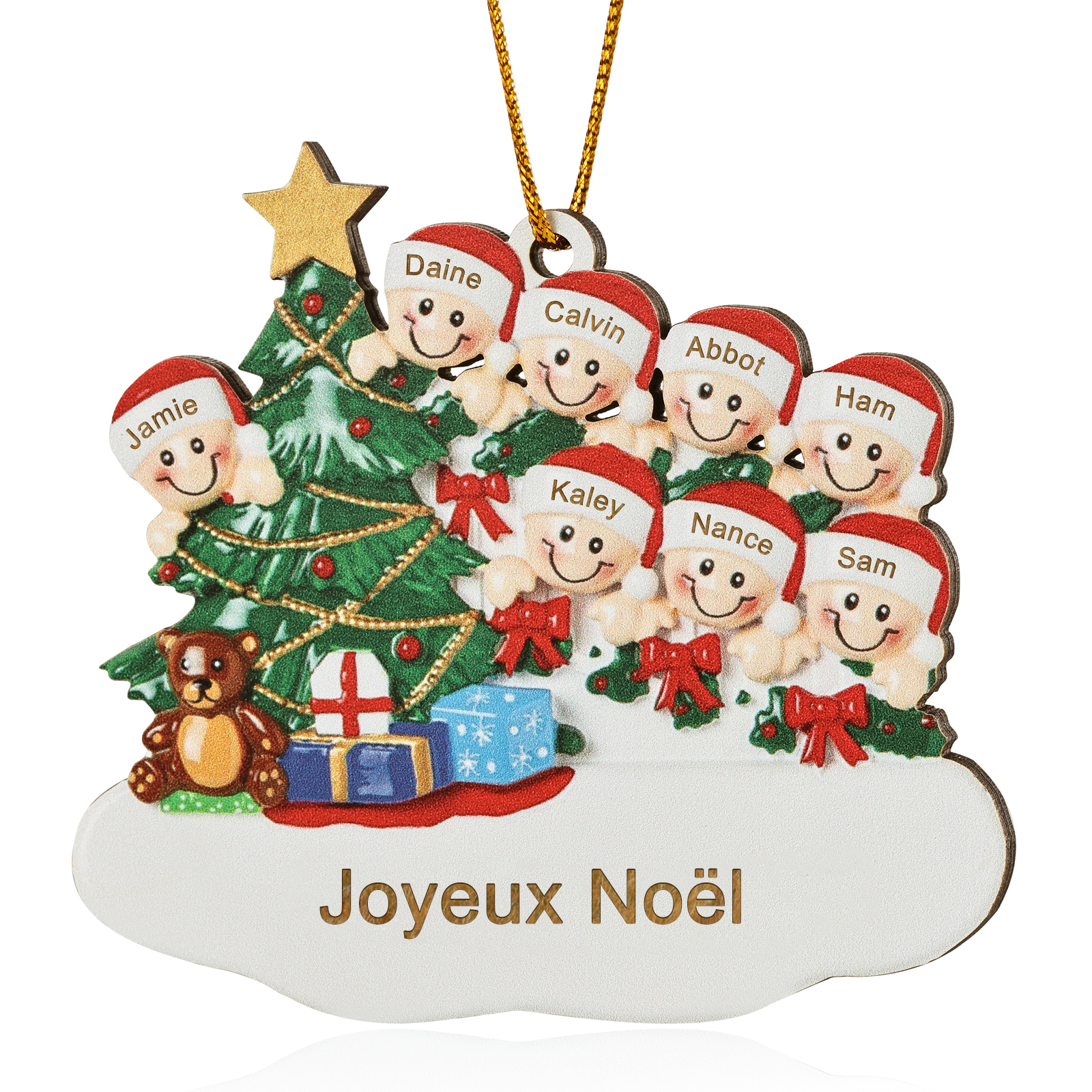 Décoration Sapin Noël en bois Sapin et lutins 8 Prénoms Personnalisés avec texte Ornement de Noël Cadeau pour famille | Jessemade