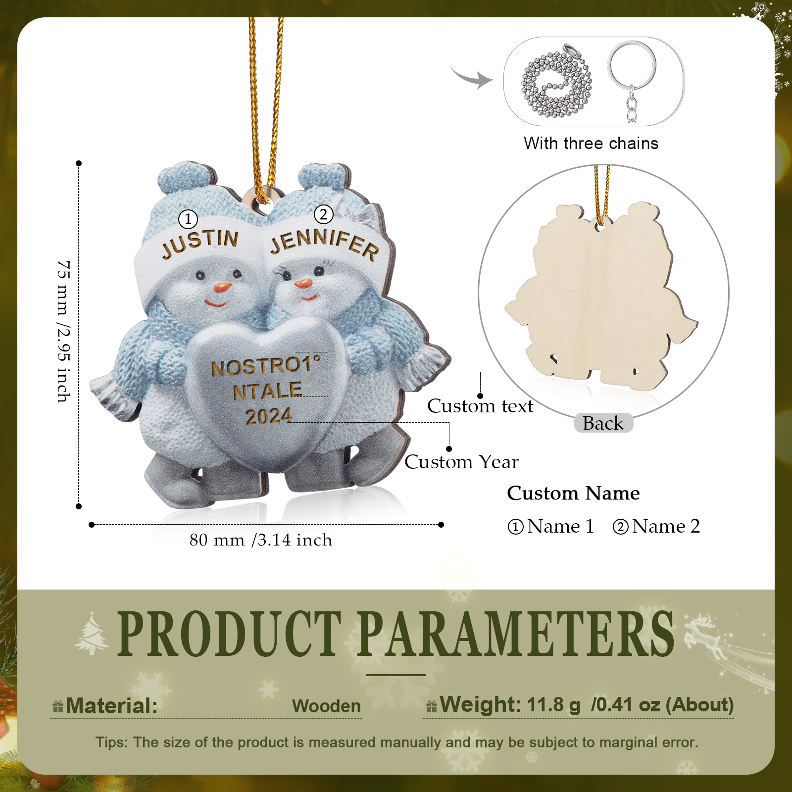 Décoration Sapin Noël Bonhomme de Neige 2 Prénoms Personnalisés avec Texte Ornement Sapin en Bois Cadeau pour Couple Saint valentin | Jessemade