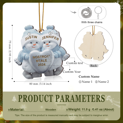 Décoration Sapin Noël Bonhomme de Neige 2 Prénoms Personnalisés avec Texte Ornement Sapin en Bois Cadeau pour Couple Saint valentin | Jessemade