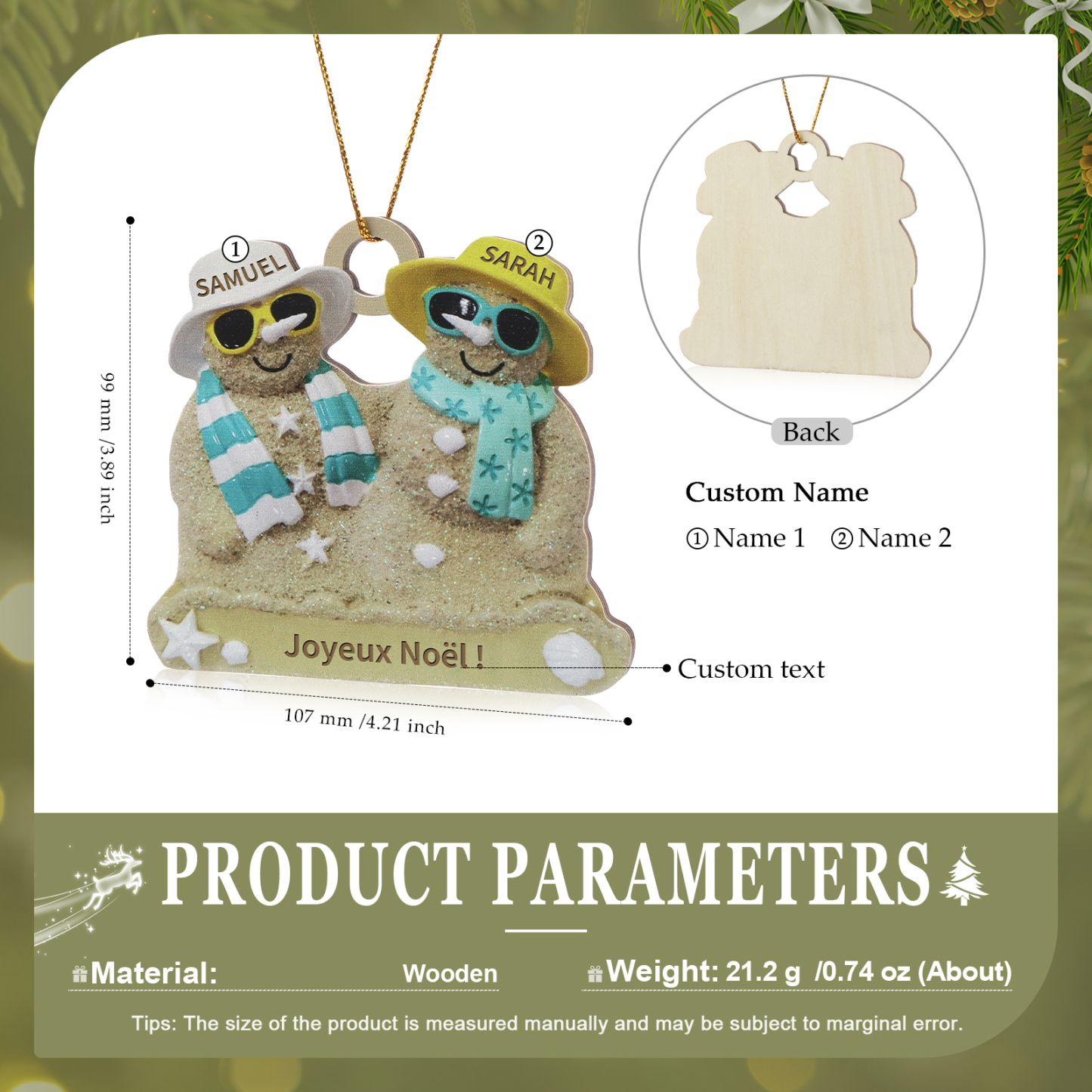 Décoration Sapin Noël en bois bonhommes de sable 2 Prénoms Personnalisés avec Texte Cadeau pour Famille | Jessemade
