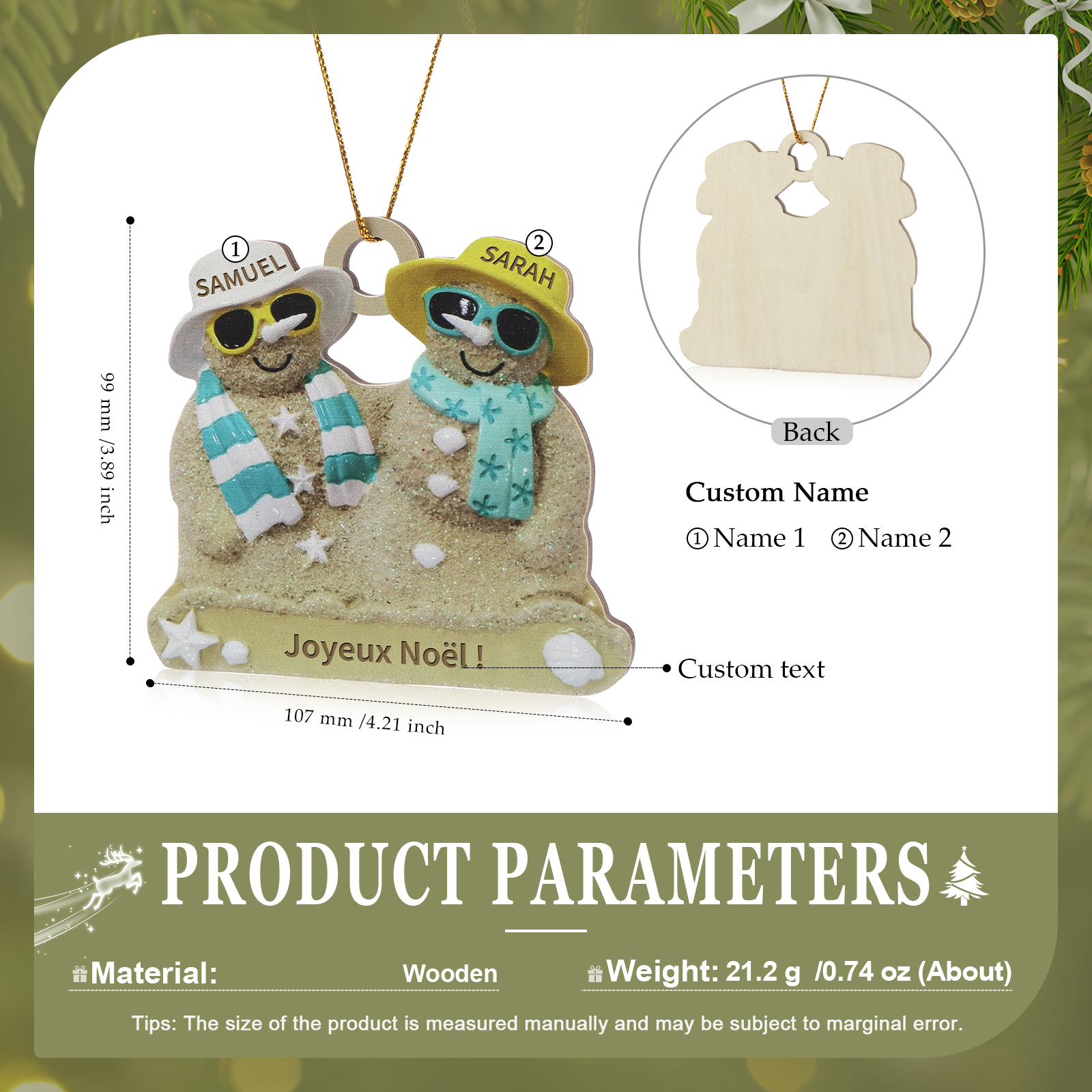 Décoration Sapin Noël en bois bonhommes de sable 2 Prénoms Personnalisés avec Texte Cadeau pour Famille | Jessemade