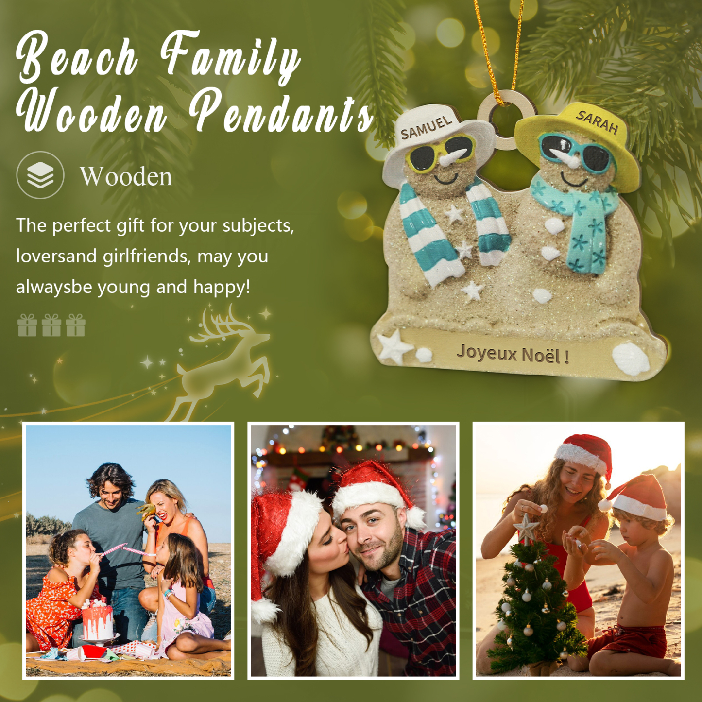 Décoration Sapin Noël en bois bonhommes de sable 2 Prénoms Personnalisés avec Texte Cadeau pour Famille | Jessemade
