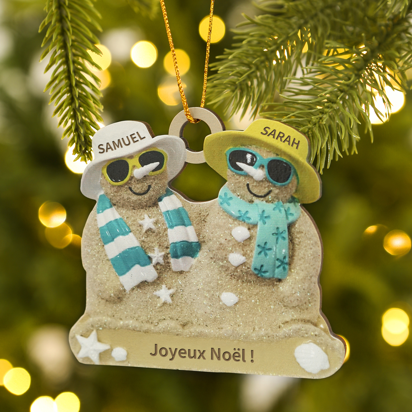 Décoration Sapin Noël en bois bonhommes de sable 2 Prénoms Personnalis