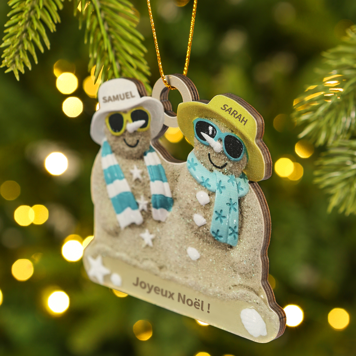 Décoration Sapin Noël en bois bonhommes de sable 2 Prénoms Personnalisés avec Texte Cadeau pour Famille | Jessemade