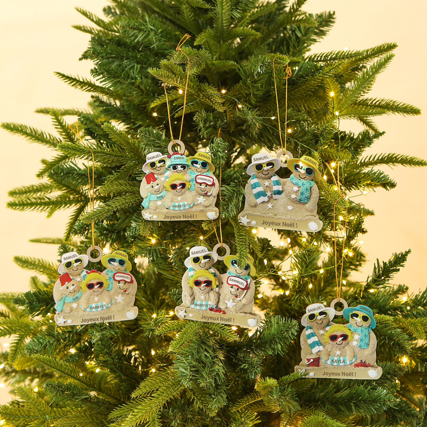 Décoration Sapin Noël en bois bonhommes de sable 2 Prénoms Personnalisés avec Texte Cadeau pour Famille | Jessemade