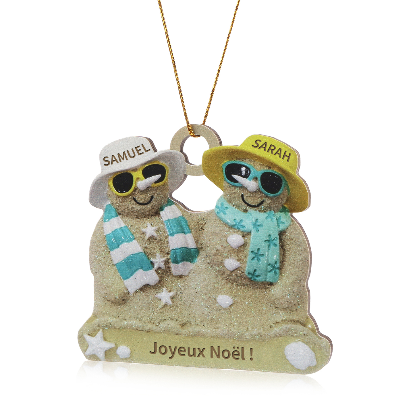 Décoration Sapin Noël en bois bonhommes de sable 2 Prénoms Personnalisés avec Texte Cadeau pour Famille | Jessemade