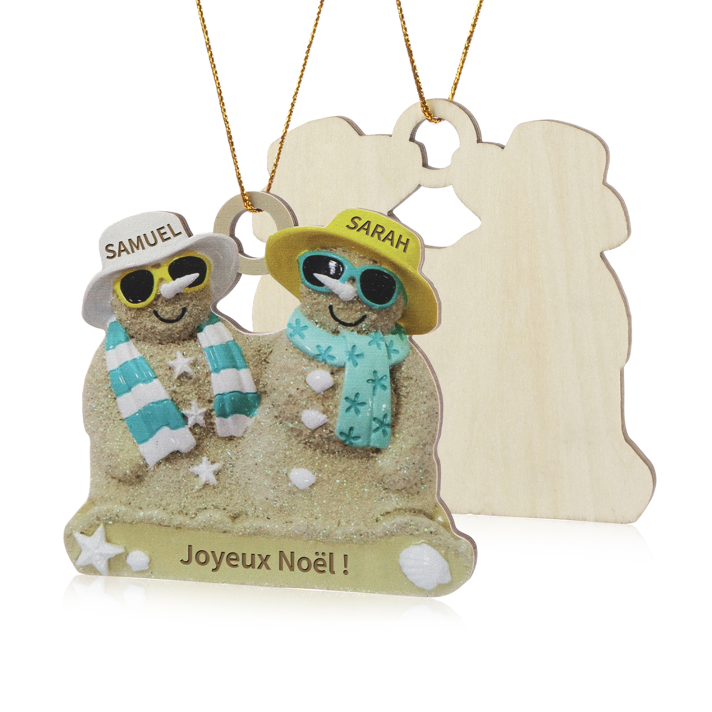 Décoration Sapin Noël en bois bonhommes de sable 2 Prénoms Personnalisés avec Texte Cadeau pour Famille | Jessemade