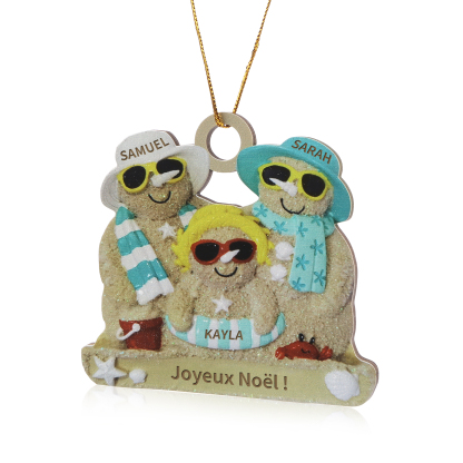 Décoration Sapin Noël en bois bonhommes de sable 3 Prénoms Personnalisés avec Texte Cadeau pour Famille | Jessemade