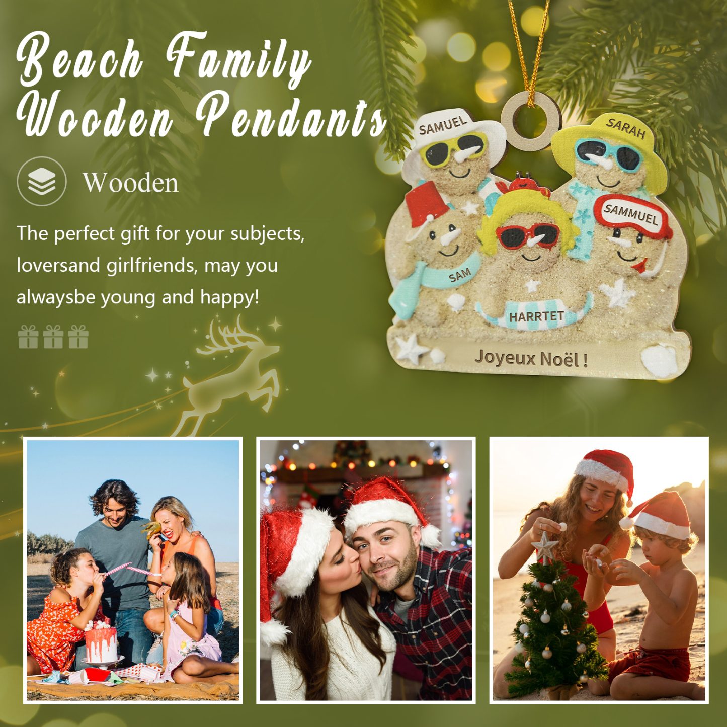 Décoration Sapin Noël en bois bonhommes de sable 5 Prénoms Personnalisés avec Texte Cadeau pour Famille | Jessemade