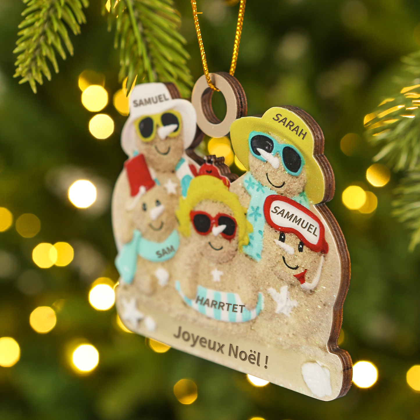 Décoration Sapin Noël en bois bonhommes de sable 5 Prénoms Personnalisés avec Texte Cadeau pour Famille | Jessemade