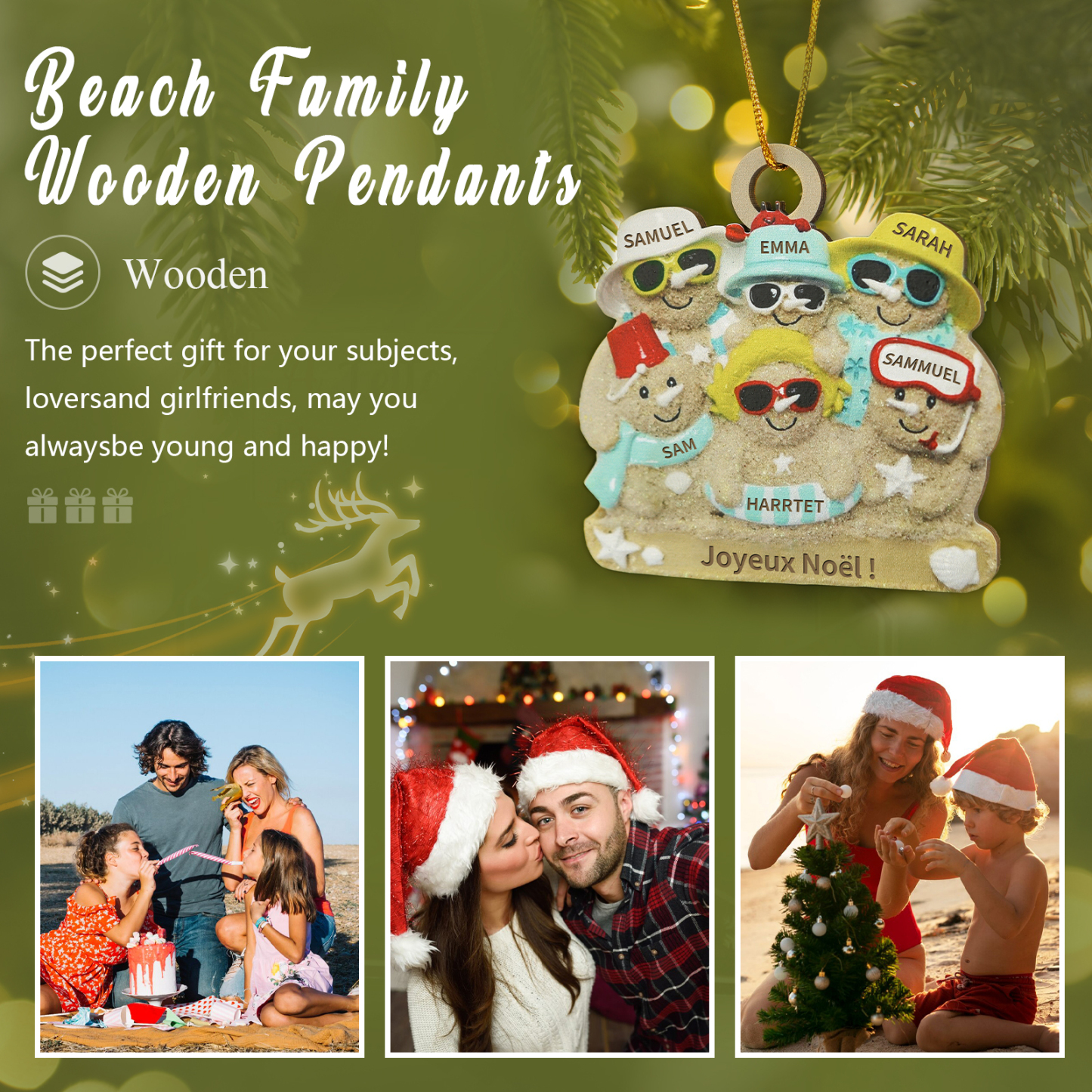 Décoration Sapin Noël en bois bonhommes de sable 6 Prénoms Personnalisés avec Texte Cadeau pour Famille | Jessemade