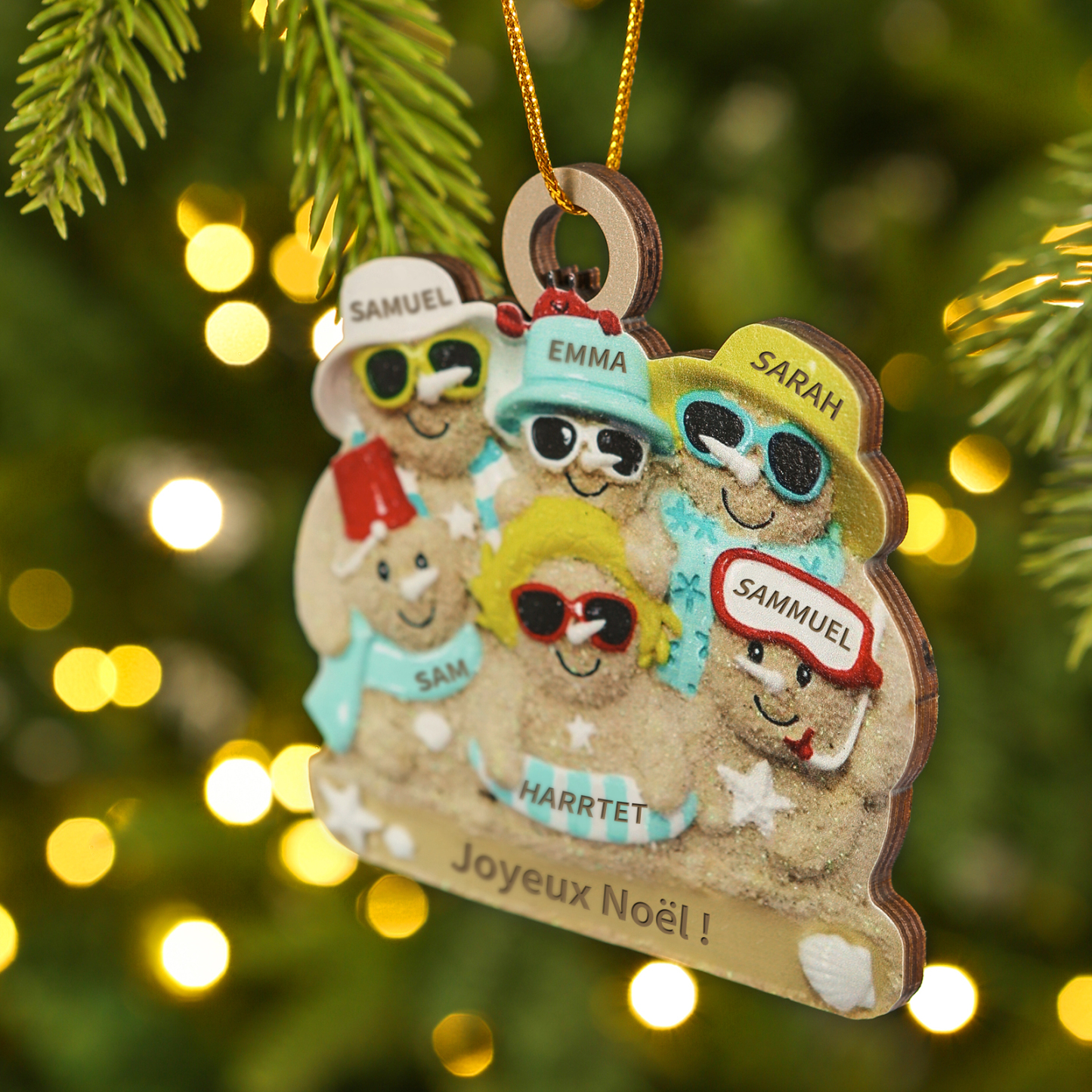 Décoration Sapin Noël en bois bonhommes de sable 6 Prénoms Personnalisés avec Texte Cadeau pour Famille | Jessemade