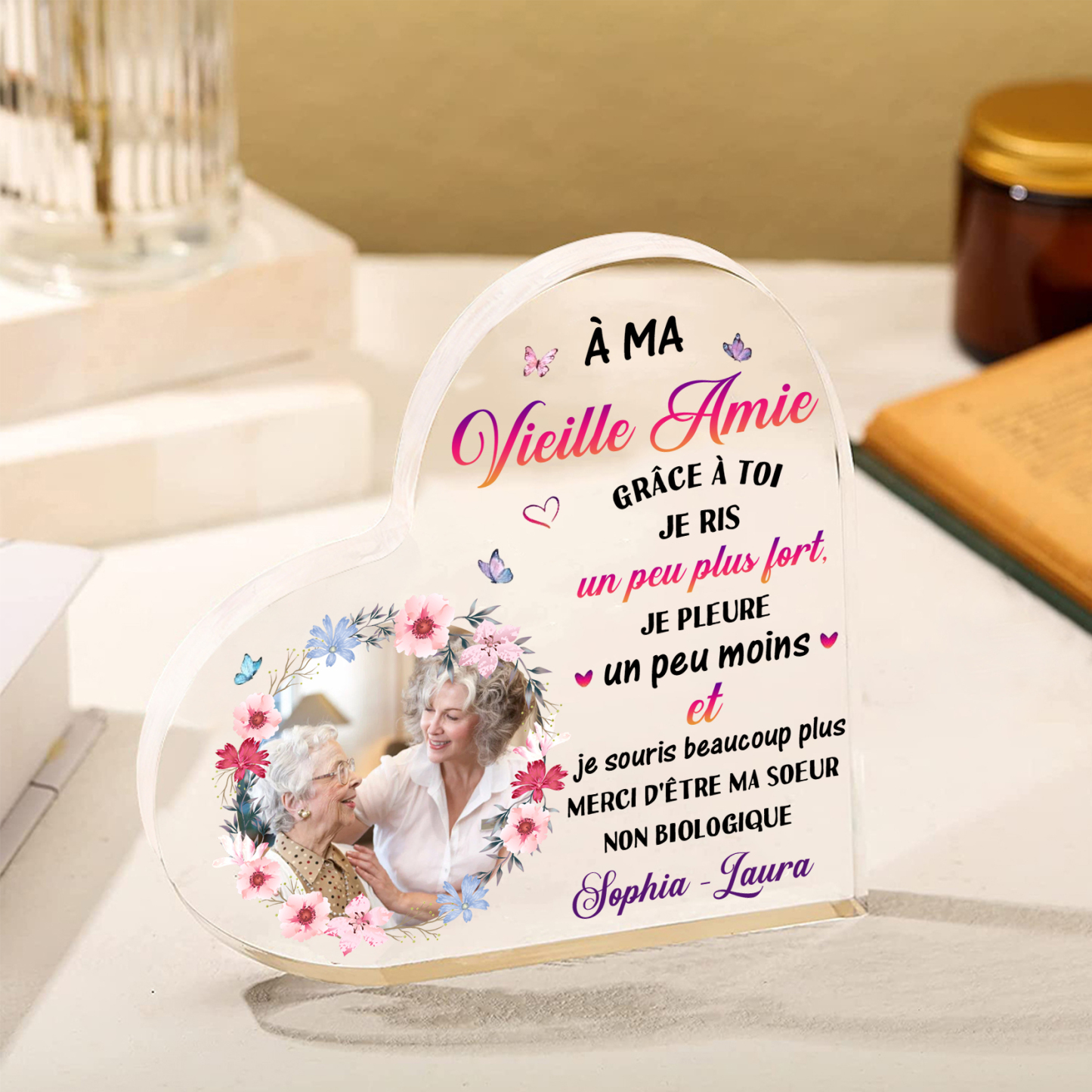 Plaque Acrylique Commémorative en Forme de Cœur 1 Texte Personnalisé avec Photo Cadeau pour amie | Jessemade